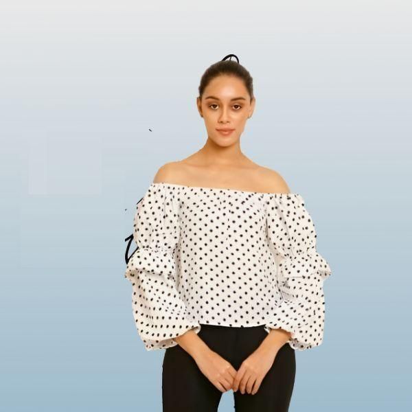 Jashiya Rs.749/-Women's Crepe Polka Dot Off Shoulder Tops