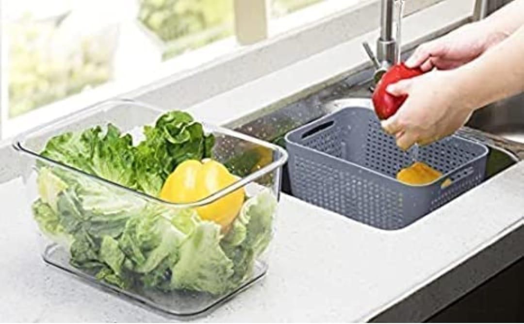 Jashiya Rs.948/-Removable Drain Basket-Fridge Storage Box Refrigerator Fresh Vegetable, Fruit, Meat Container Removable Drain Basket Storage Containers with Lid Kitchen