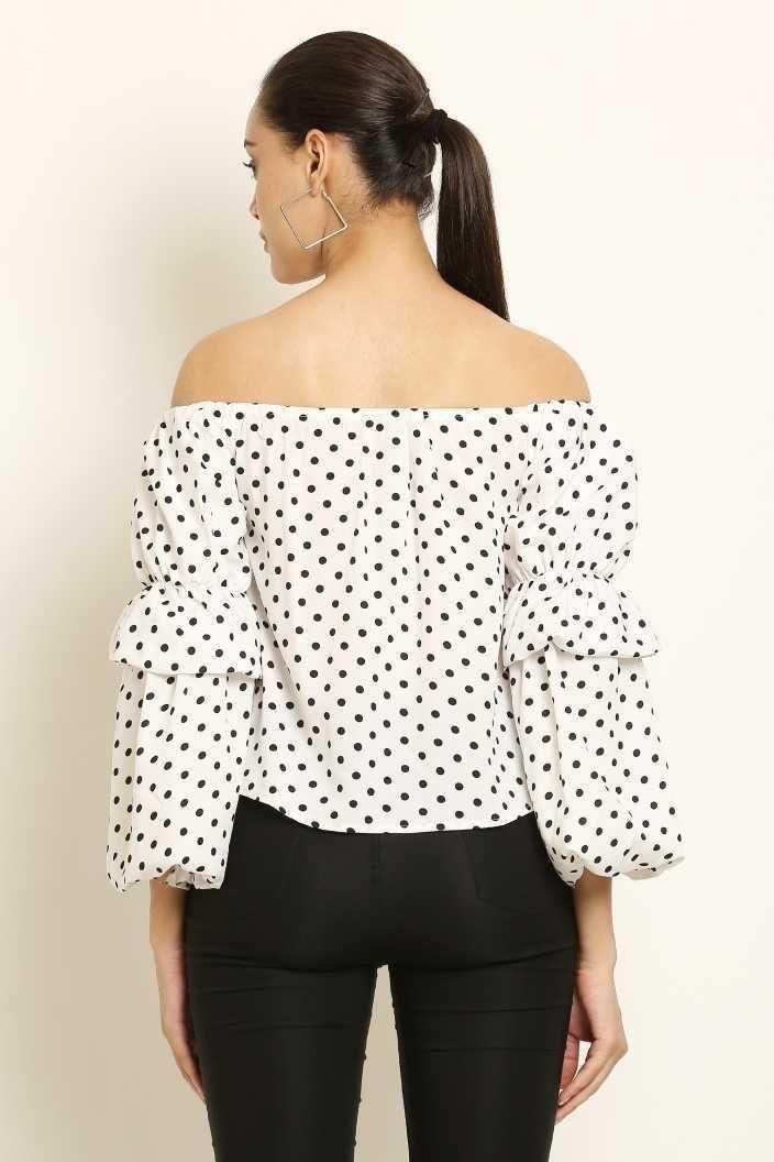 Jashiya Rs.749/-Women's Crepe Polka Dot Off Shoulder Tops