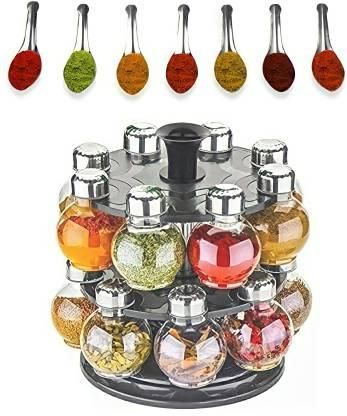 Jashiya Rs.541/-Jar-Chronicles 360 Degree Revolving Spice Rack, Masala Rack, Spice Box, Masala Box, Masala Container (1 Stand,16 Plastic Bottles With Steel Cap)